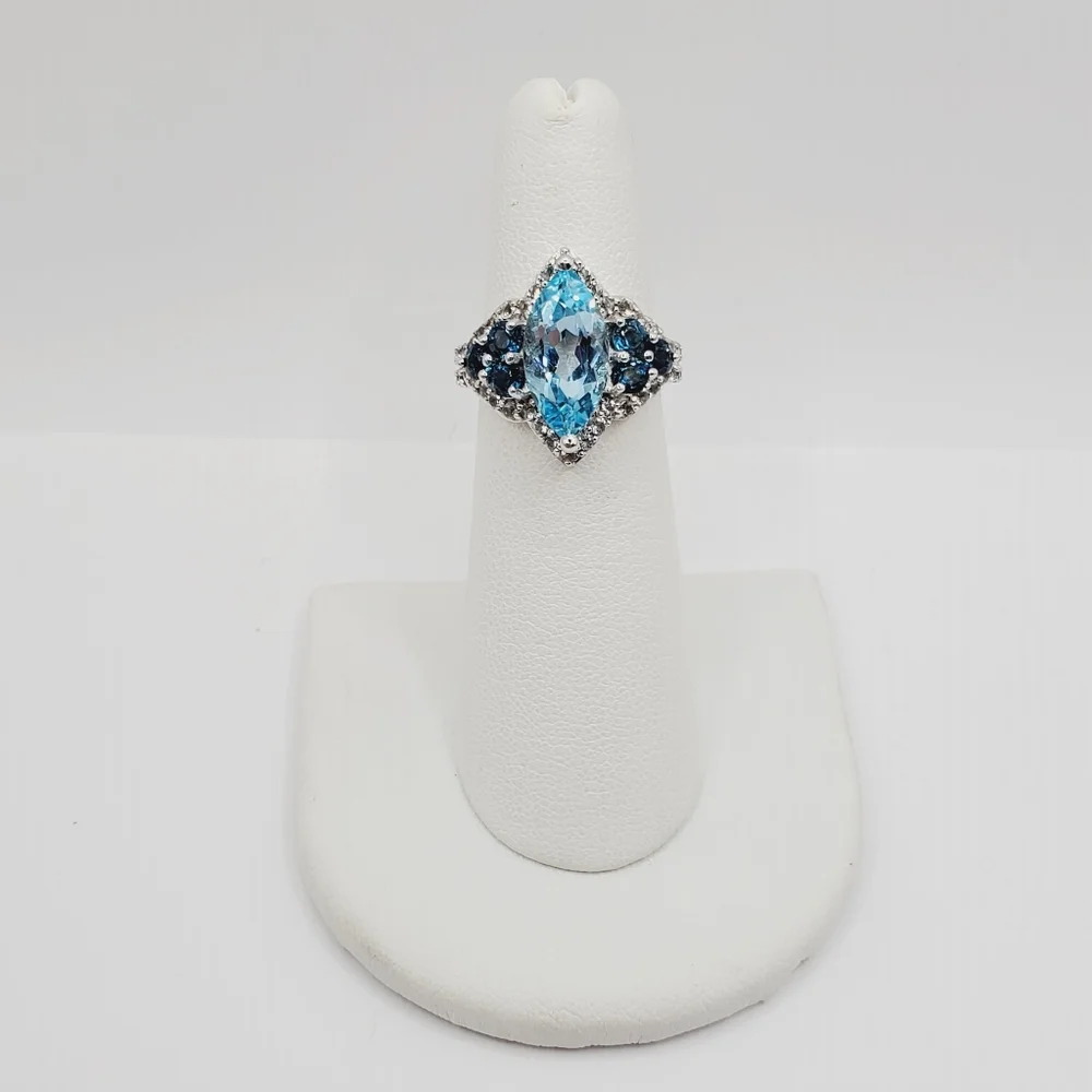 Genuine Marquise Sky, London Blue & White Topaz 925 Sterling Silver Halo Ring